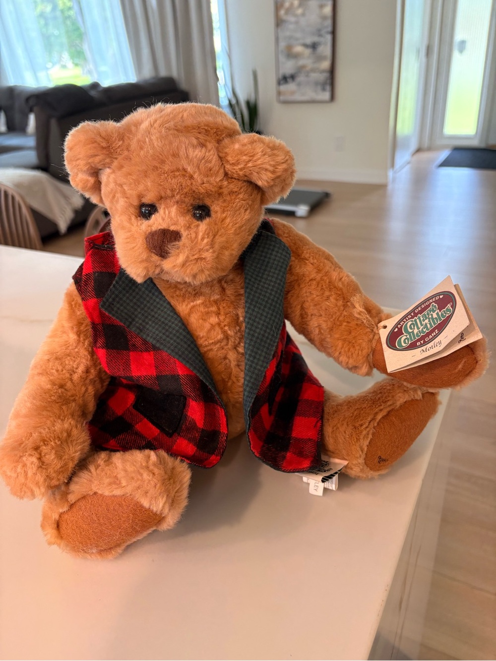 Cottage Collectibles Teddy Bear in Red & Black Buffalo Plaid Vest “motley”